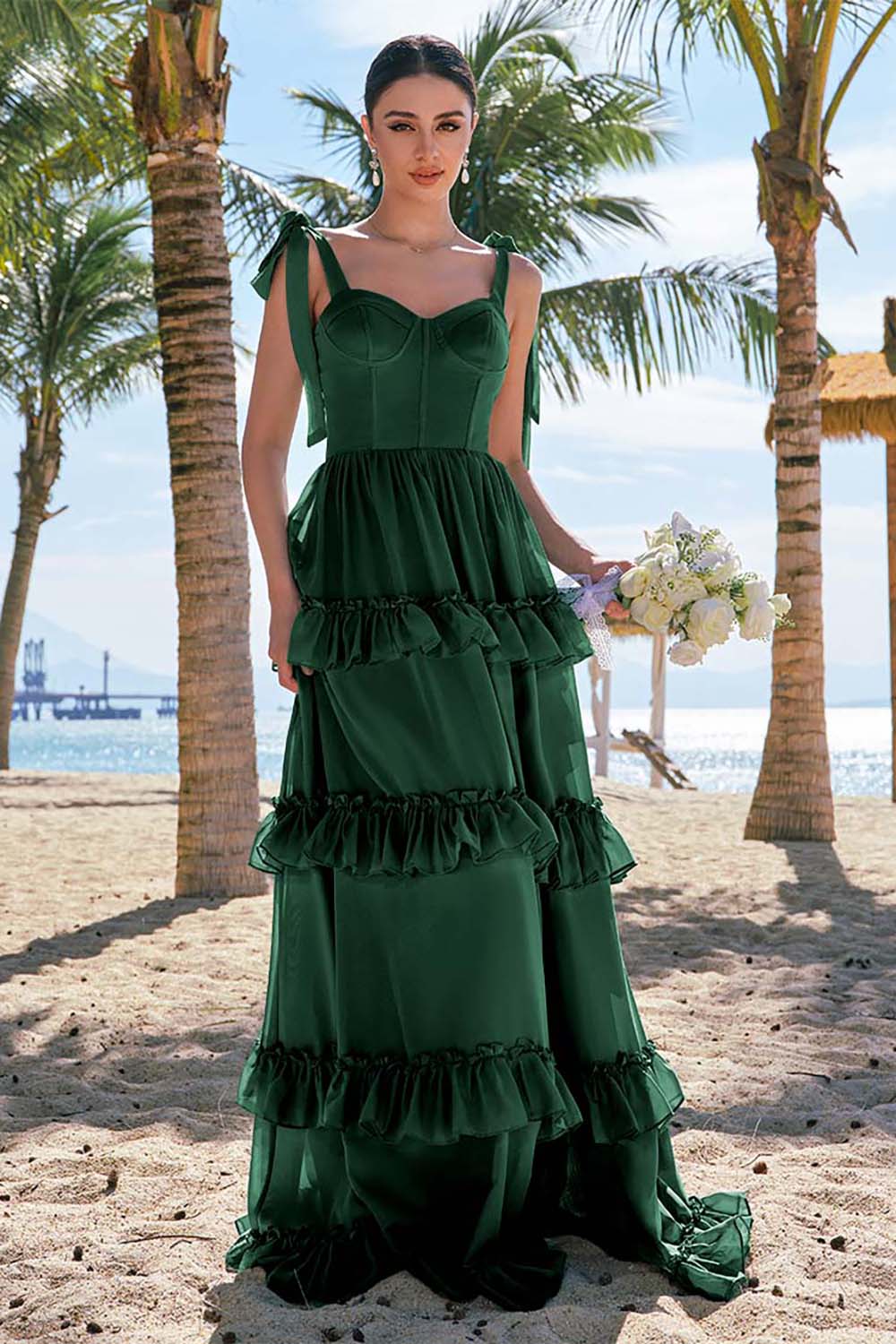 Eucalyptus A-ligne noeud papillon bretelles Corset Mousseline de soie Longue robe de demoiselle d’honneur avec fente