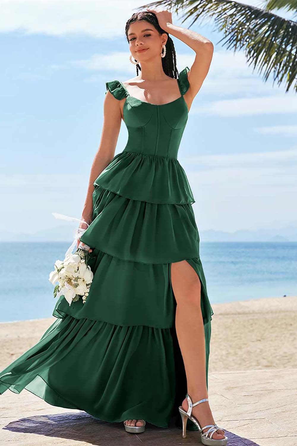 Eucalyptus A-ligne Corset Robe de demoiselle d’honneur longue avec fente à volants