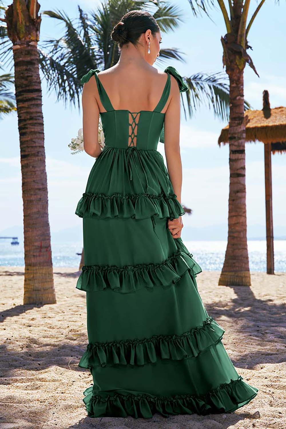 Eucalyptus A-ligne noeud papillon bretelles Corset Mousseline de soie Longue robe de demoiselle d’honneur avec fente