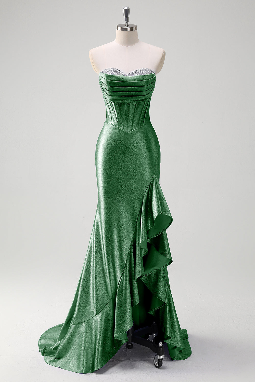 Sirène bleue grise scintillante sans bretelles à volants Corset Robe de soirée longue en satin avec fente