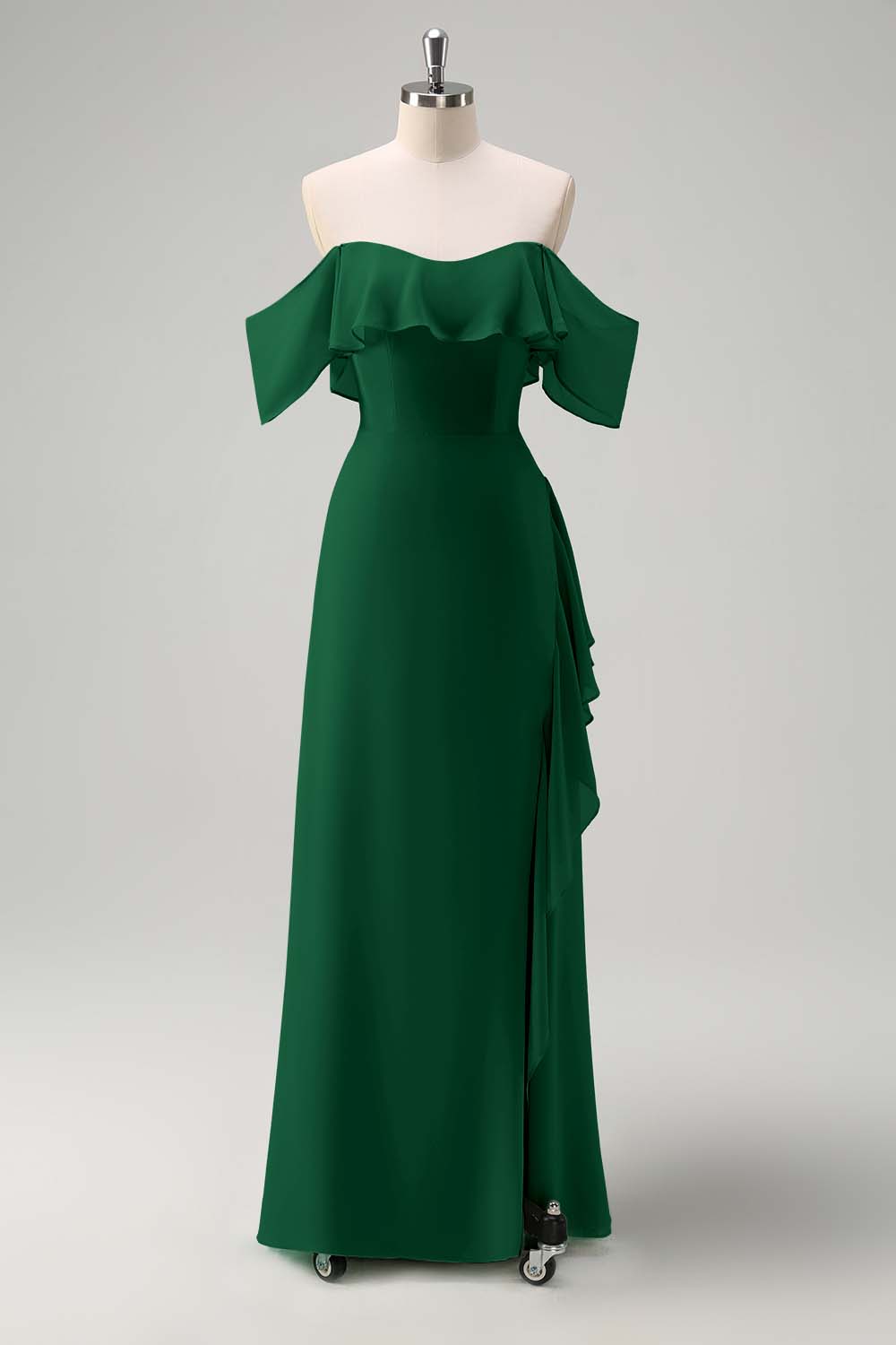 Robe de demoiselle d’honneur longue sirène vert clair à épaules dénudées avec fente à volants