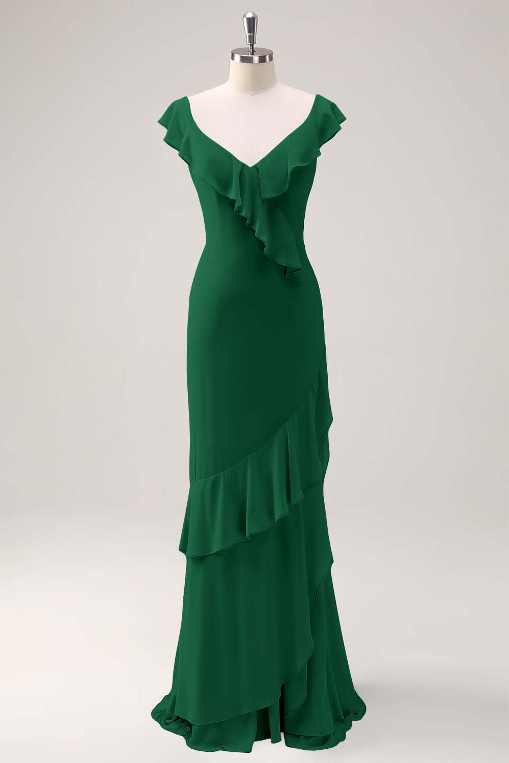 Dusty Sage Sirène Col V Long Dos Ouvert Robe de demoiselle d’honneur avec volants