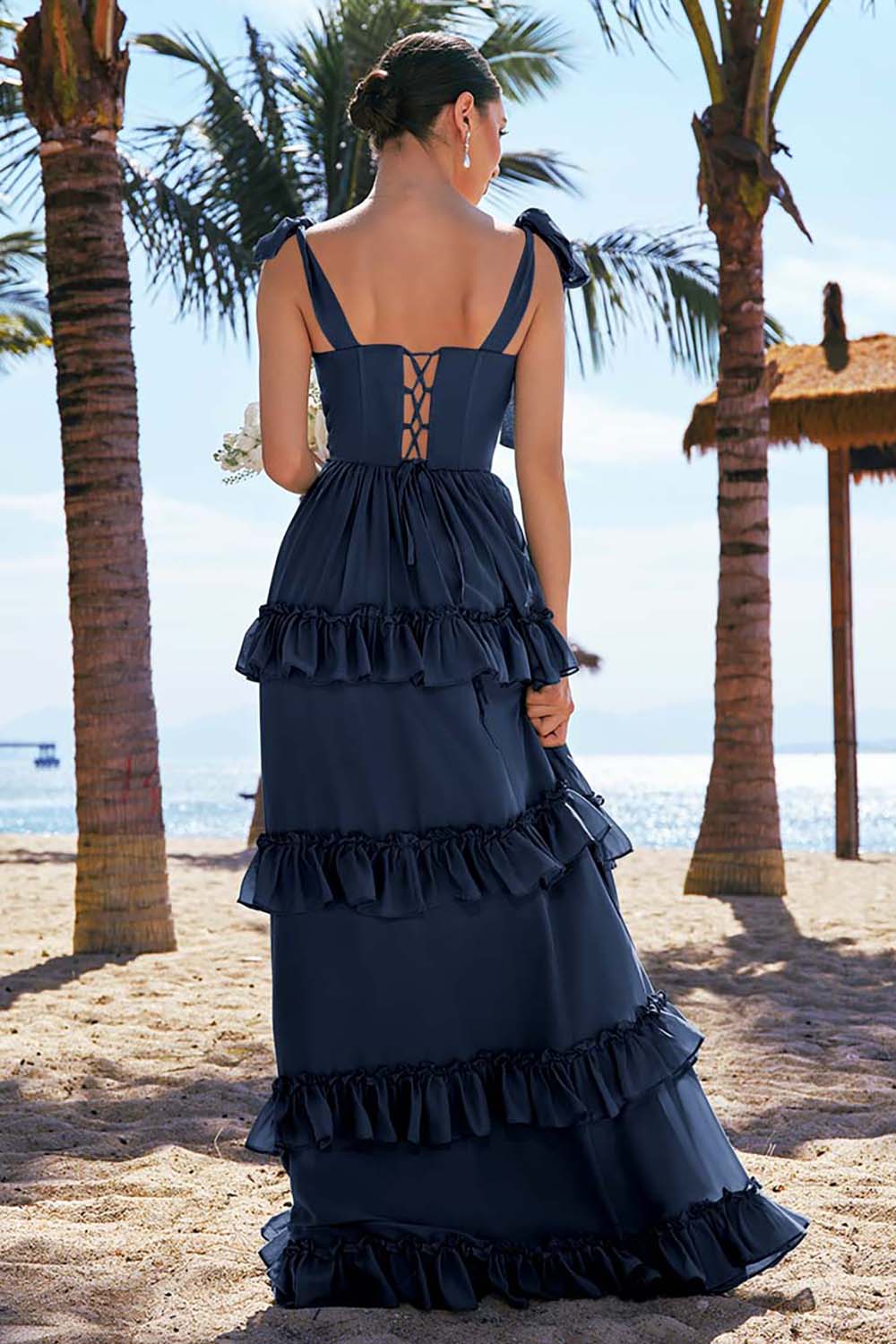 Eucalyptus A-ligne noeud papillon bretelles Corset Mousseline de soie Longue robe de demoiselle d’honneur avec fente