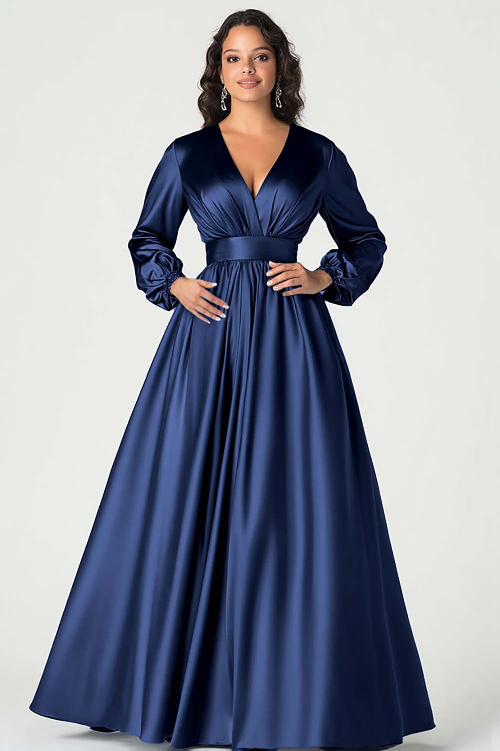 Robe de mère de mariée en satin gris bleu col V à manches longues
