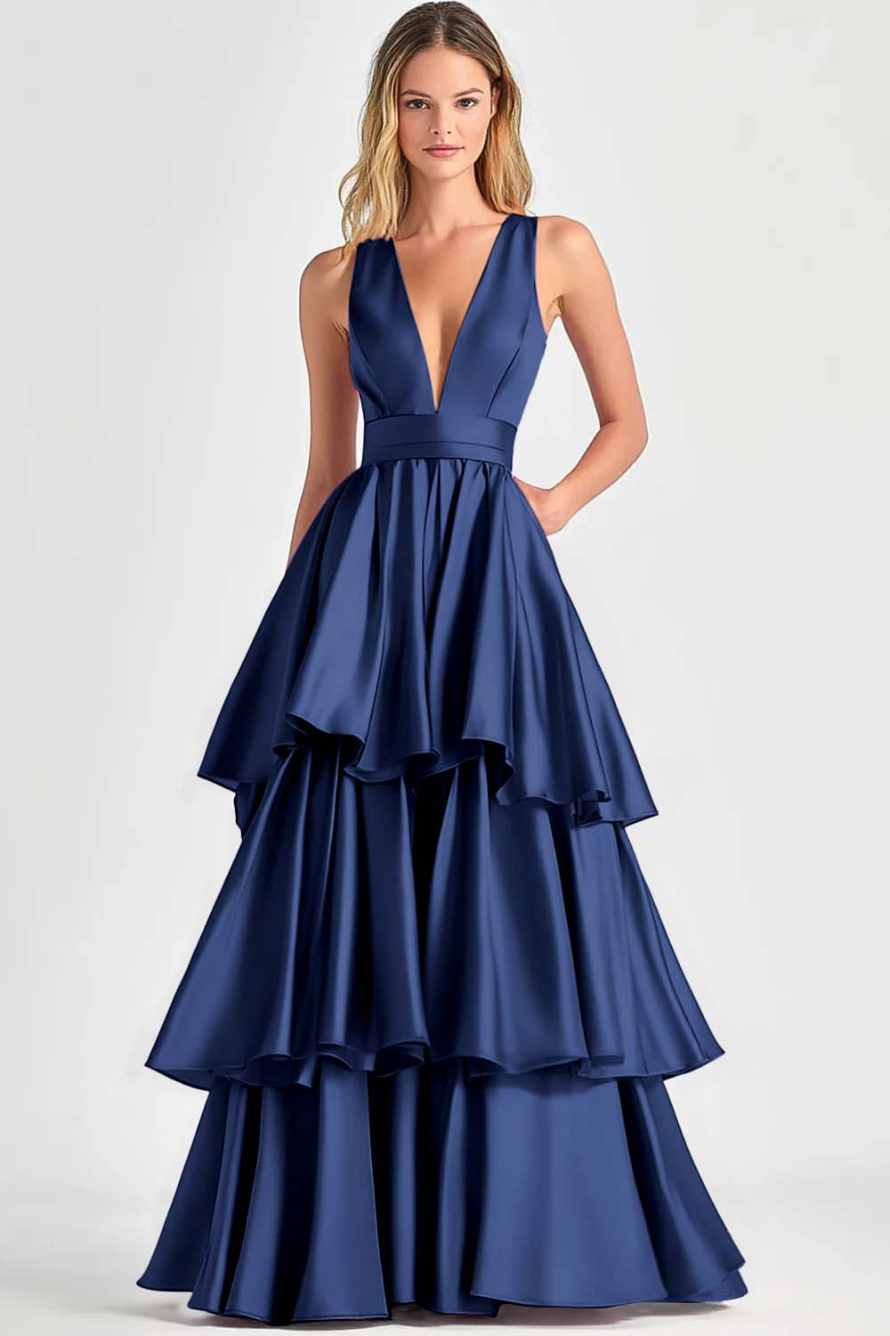 Robe de bal longue à volants à col en V trapèze