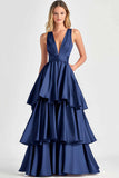 Robe de bal longue à volants à col en V trapèze