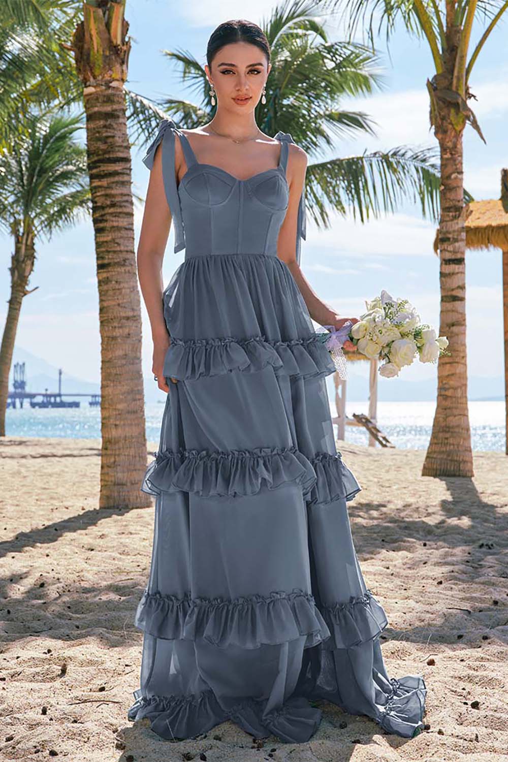 Eucalyptus A-ligne noeud papillon bretelles Corset Mousseline de soie Longue robe de demoiselle d’honneur avec fente