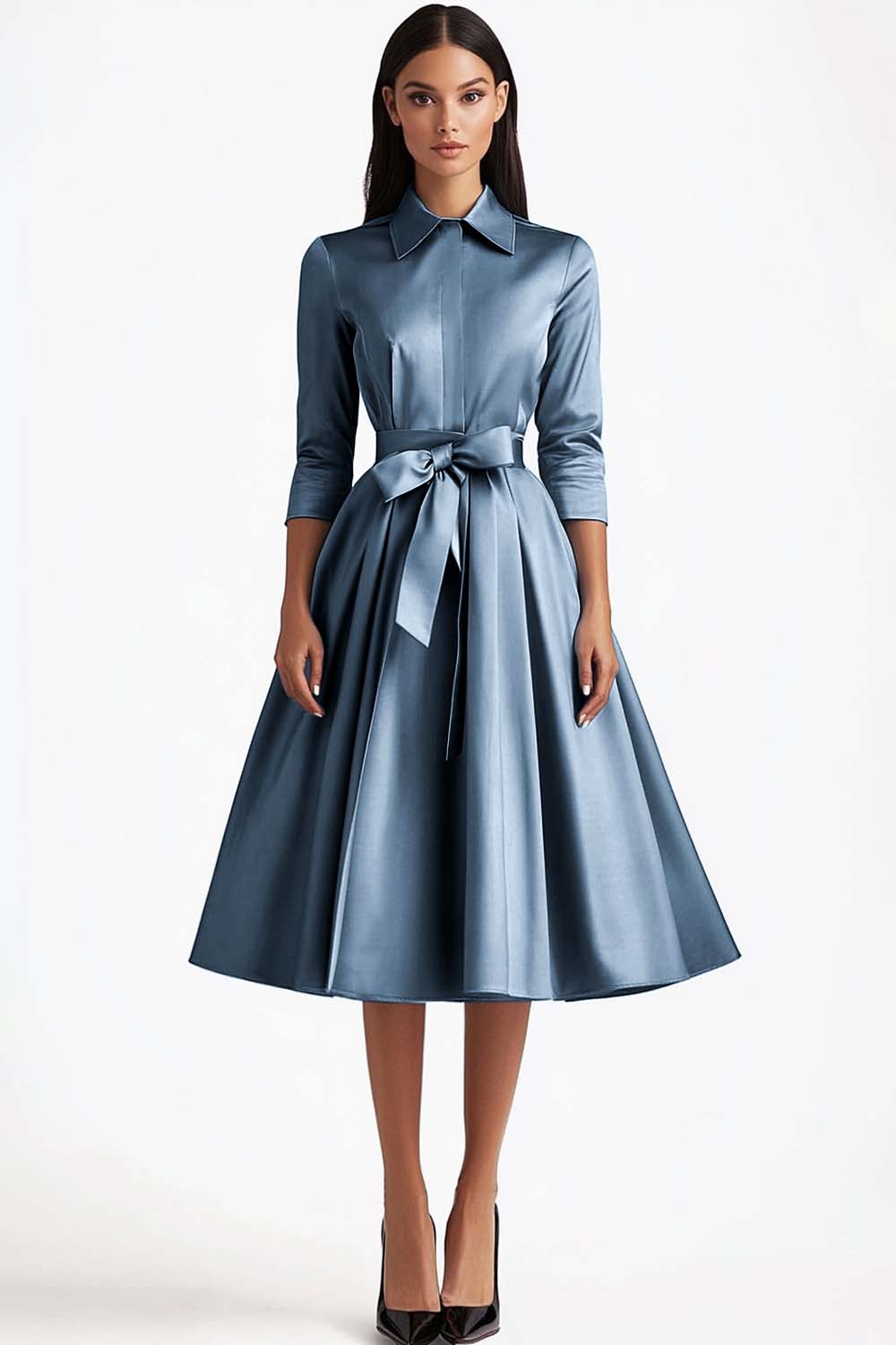 Bleu A Ligne évasée Fermeture boutonnée sur le devant Robe formelle mi-longue à manches longues