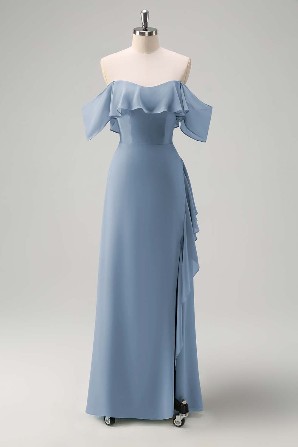 Robe de demoiselle d’honneur longue sirène vert clair à épaules dénudées avec fente à volants