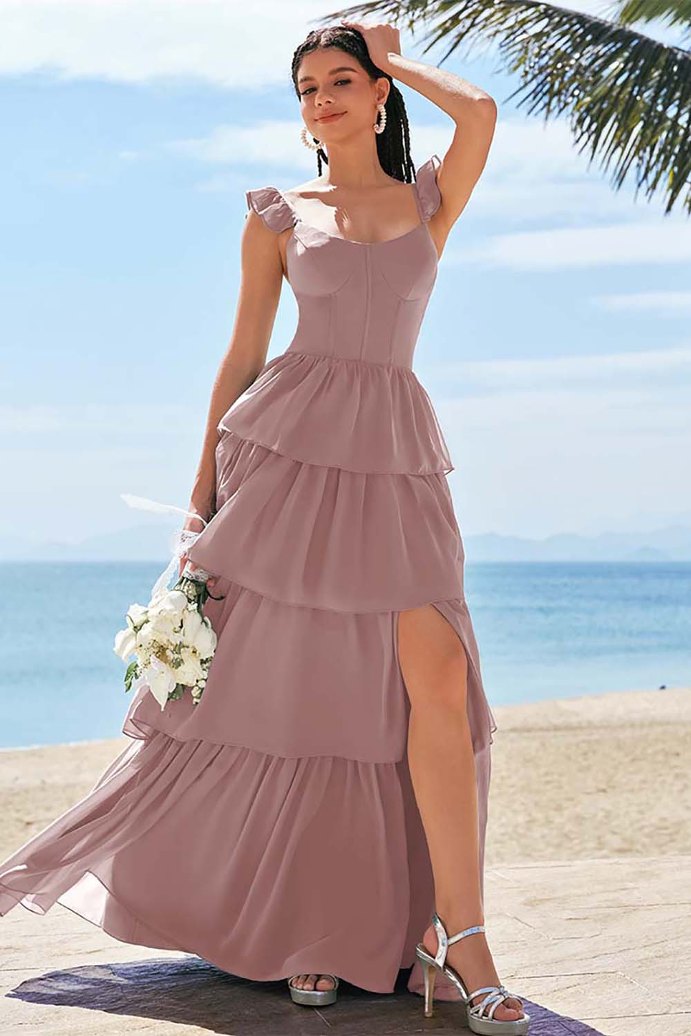 Eucalyptus A-ligne Corset Robe de demoiselle d’honneur longue avec fente à volants