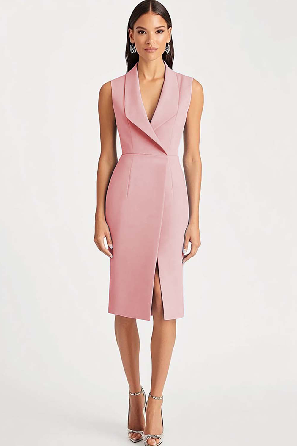 Robe de travail mi-genou en satin à revers châle bleu ciel avec fente