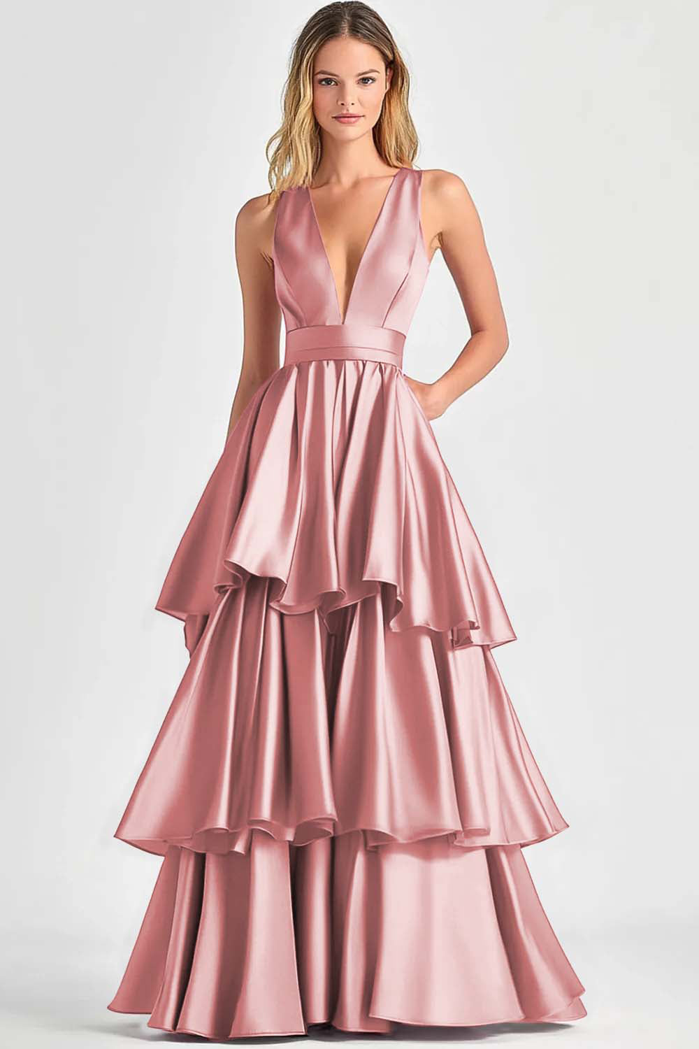 Robe de bal longue à volants à col en V trapèze