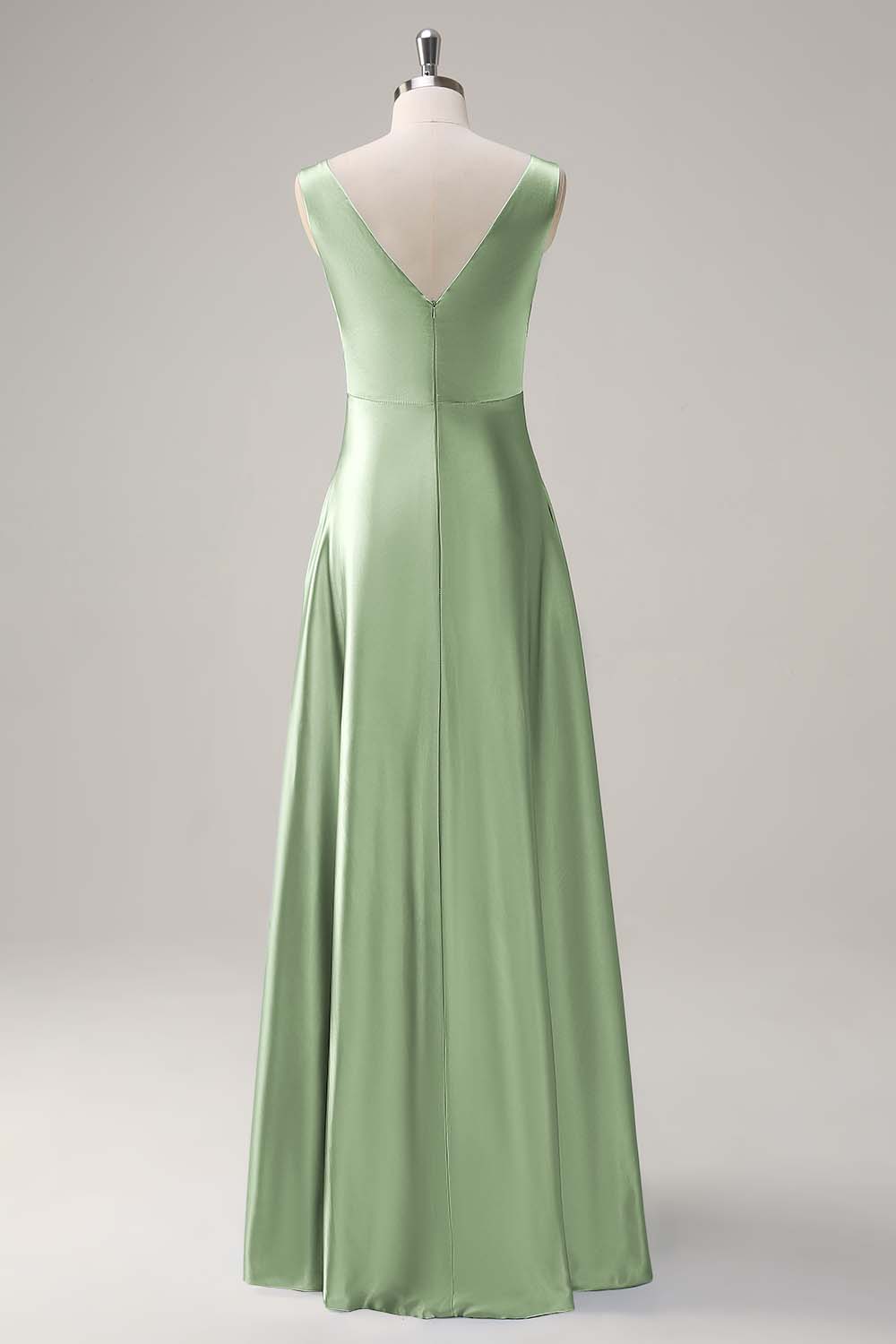 Bleu ciel une ligne V col ouvert dos Satin longue robe de demoiselle d’honneur