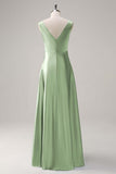 Bleu ciel une ligne V col ouvert dos Satin longue robe de demoiselle d’honneur