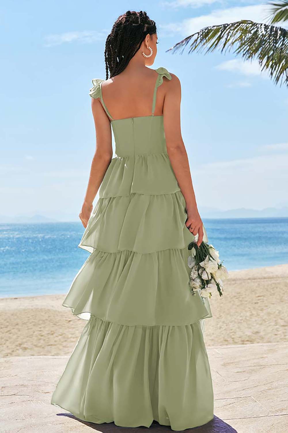 Eucalyptus A-ligne Corset Robe de demoiselle d’honneur longue avec fente à volants