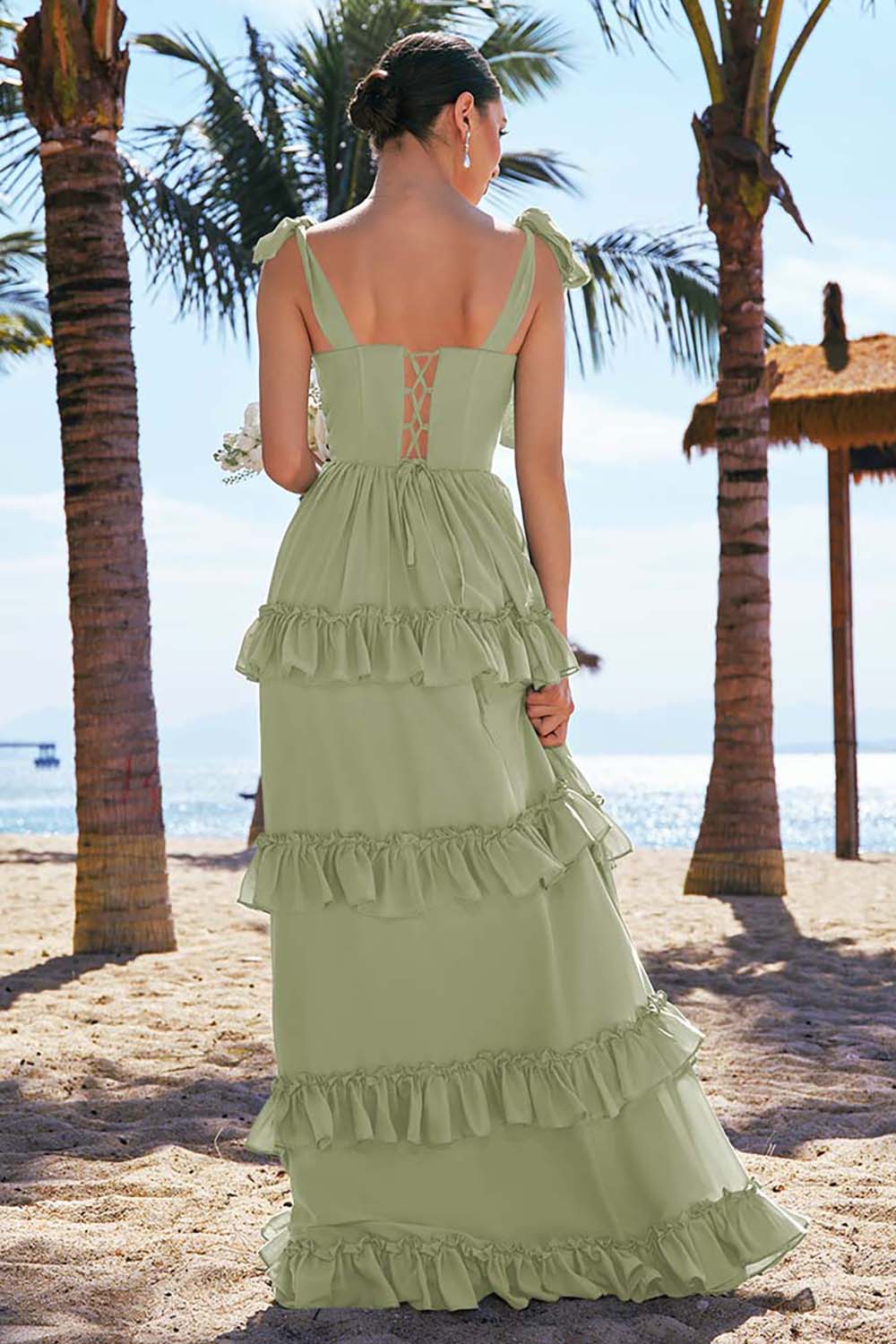 Eucalyptus A-ligne noeud papillon bretelles Corset Mousseline de soie Longue robe de demoiselle d’honneur avec fente