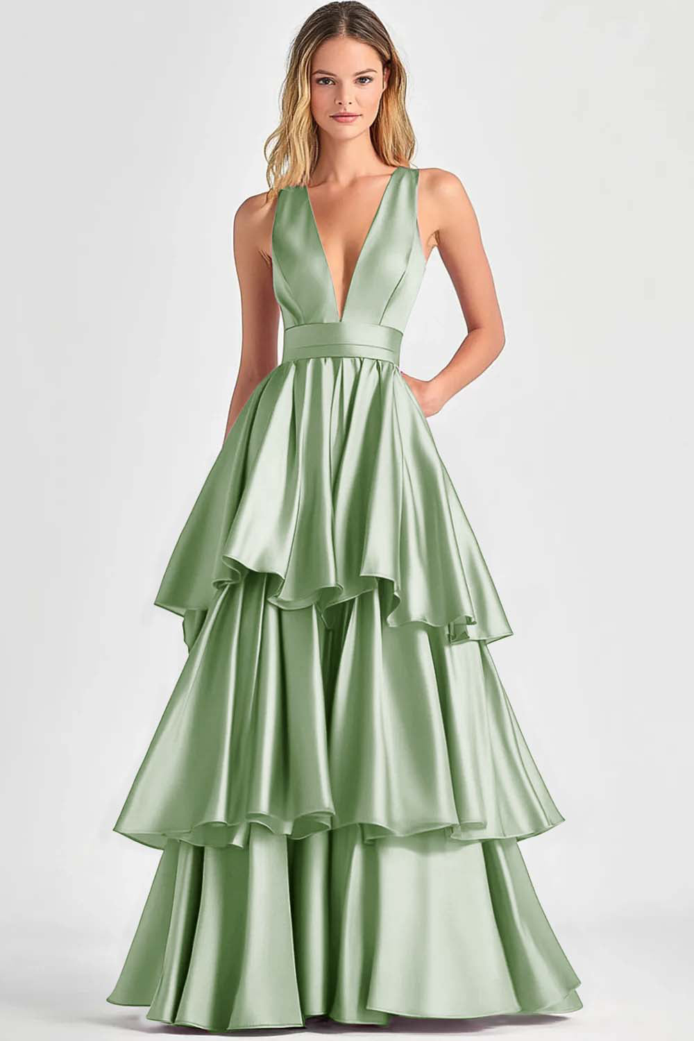 Robe de bal longue à volants à col en V trapèze