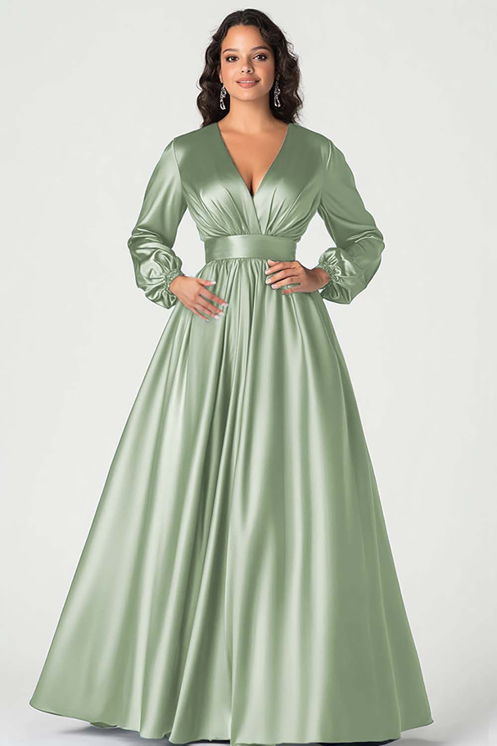 Robe de mère de mariée en satin gris bleu col V à manches longues