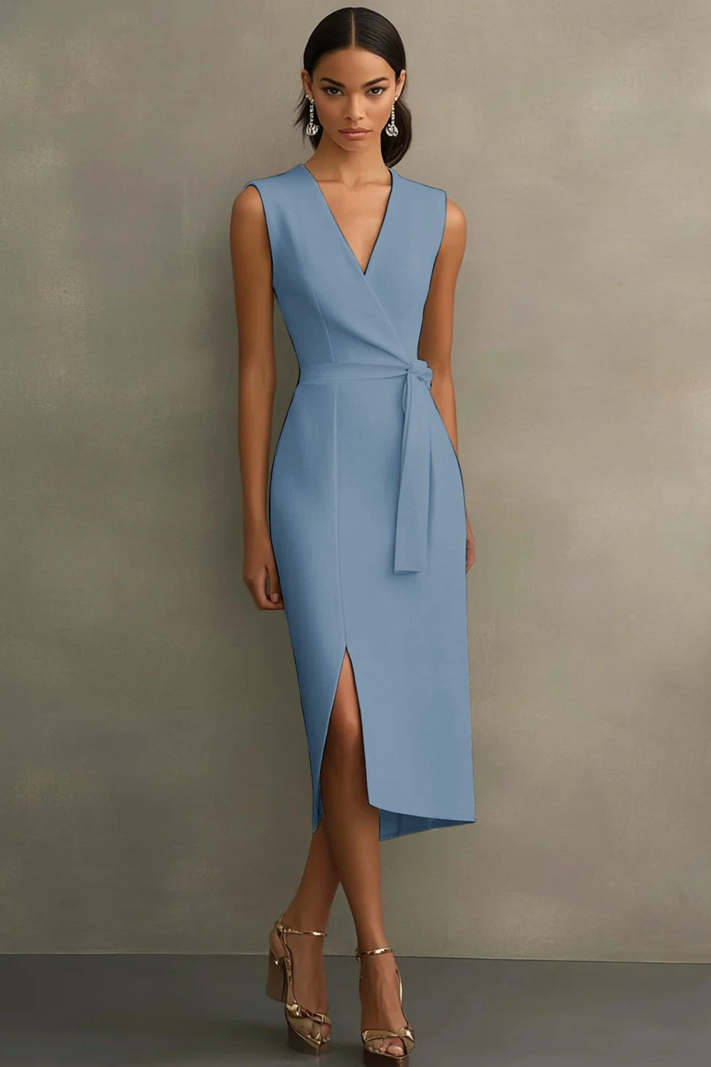 Robe blanche à col en V avec ceinture