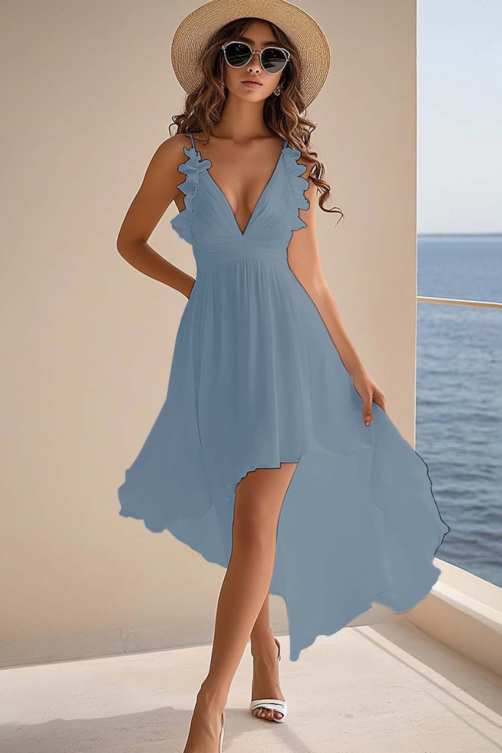 Robe de graduation en mousseline de soie à volants à col en V A Line