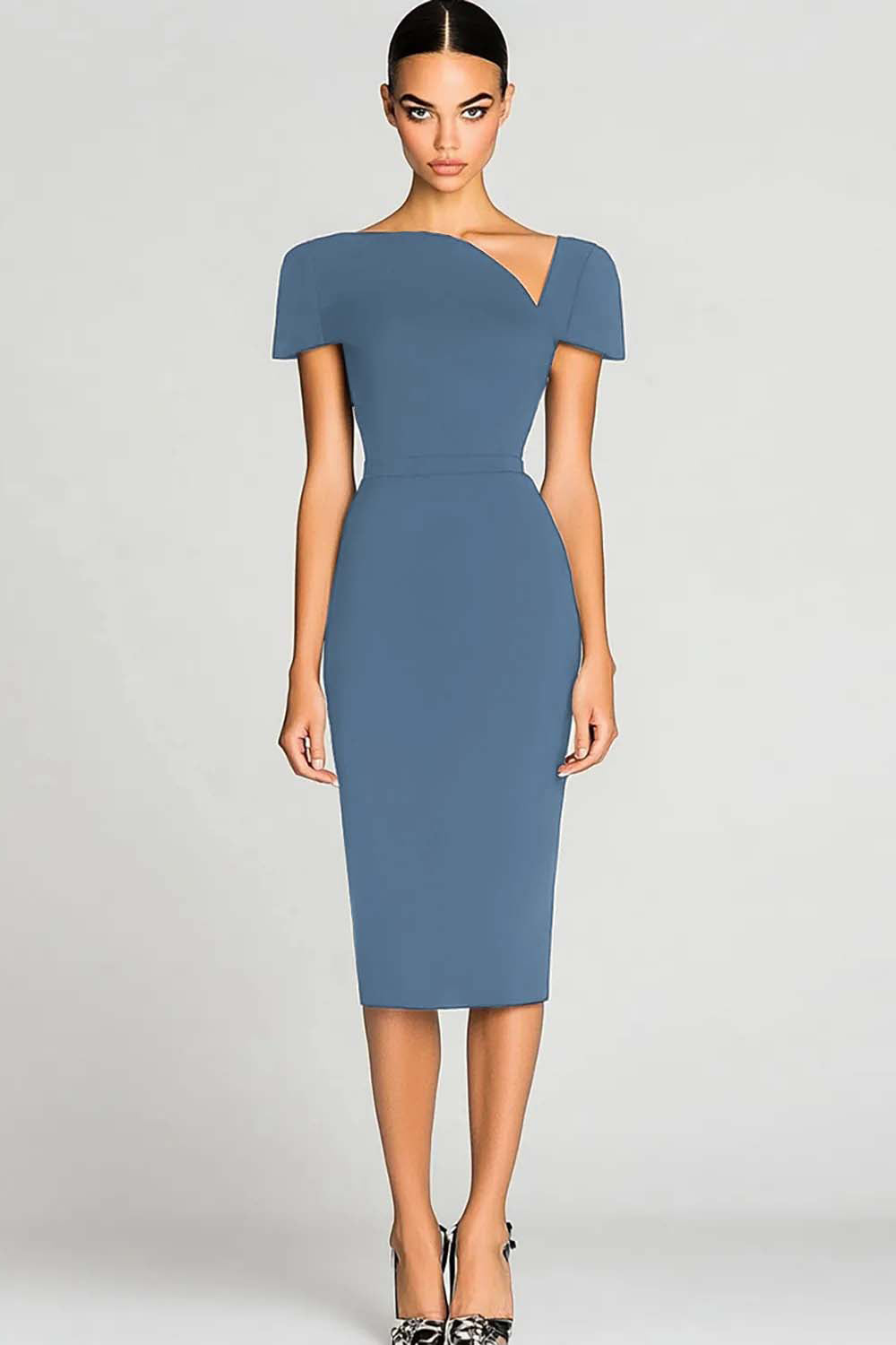 Robe de travail moulante noire en satin épaules dénudées jusqu’aux genoux