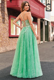 Une ligne scintillante vert clair spaghetti bretelles corset tulle Robe De Soirée avec fente