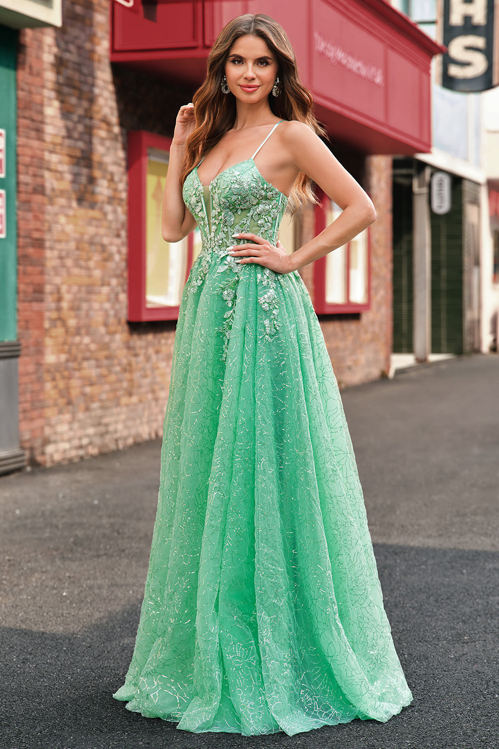 Une ligne scintillante vert clair spaghetti bretelles corset tulle Robe De Soirée avec fente