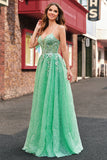 Une ligne scintillante vert clair spaghetti bretelles corset tulle Robe De Soirée avec fente