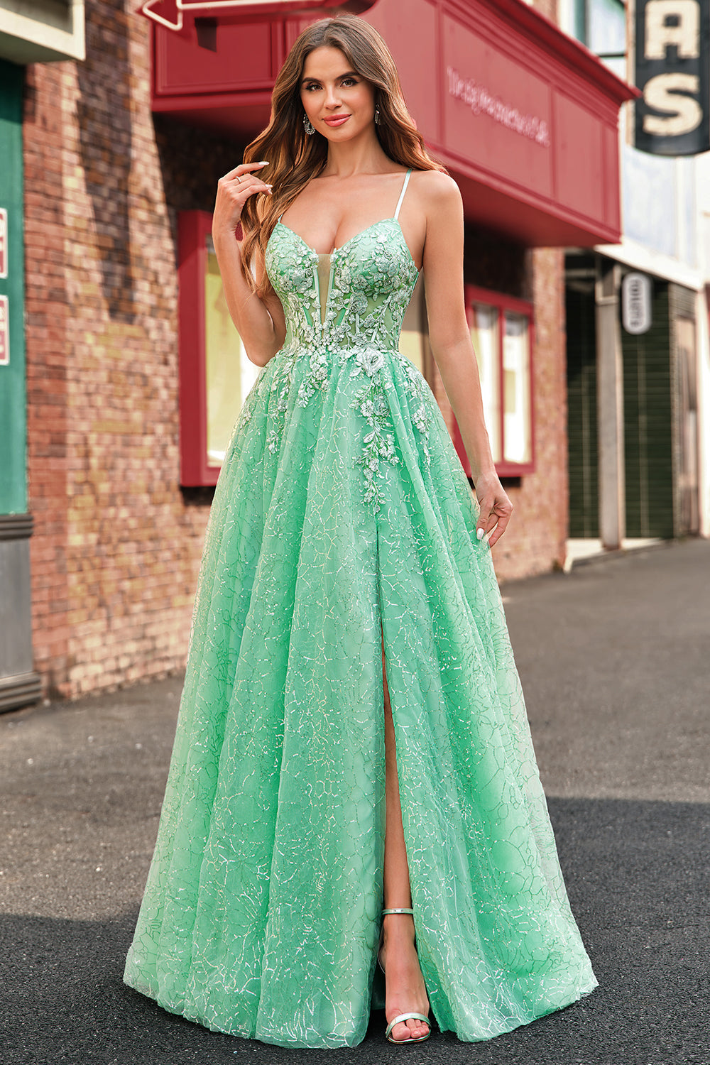 Une ligne scintillante vert clair spaghetti bretelles corset tulle Robe De Soirée avec fente
