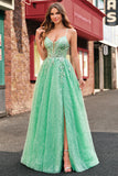 Une ligne scintillante vert clair spaghetti bretelles corset tulle Robe De Soirée avec fente