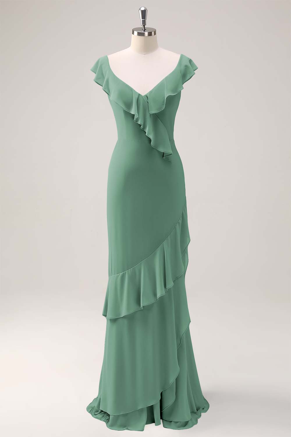 Dusty Sage Sirène Col V Long Dos Ouvert Robe de demoiselle d’honneur avec volants