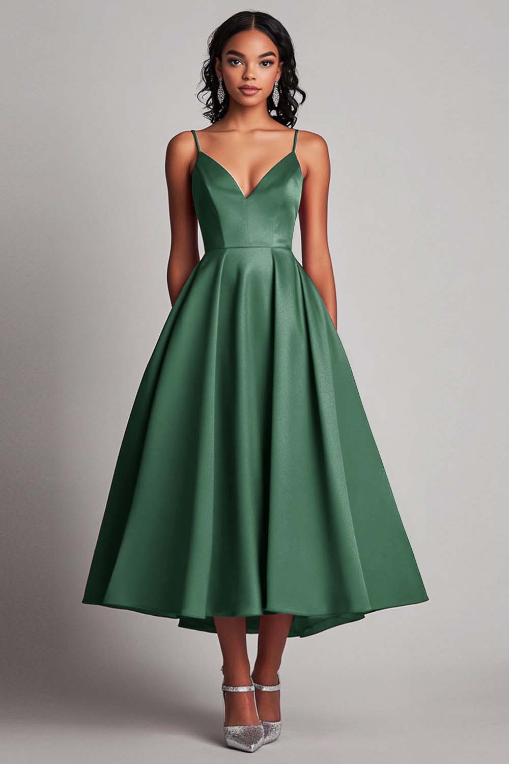 Robe formelle en satin rouge A-ligne longueur thé