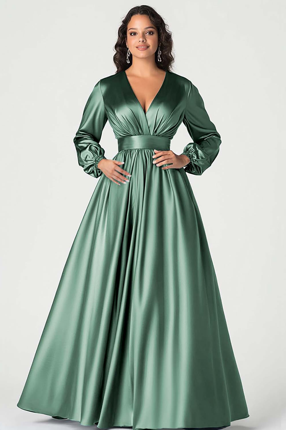 Robe de mère de mariée en satin gris bleu col V à manches longues