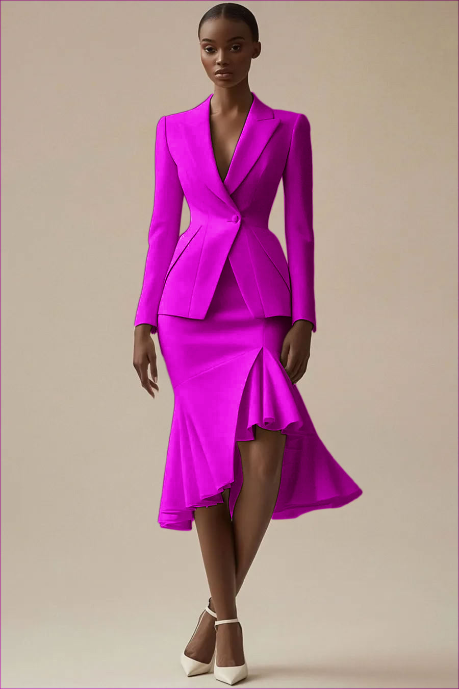 Ivoire 2 pièces à revers en pointe Robe de travail midi avec volants