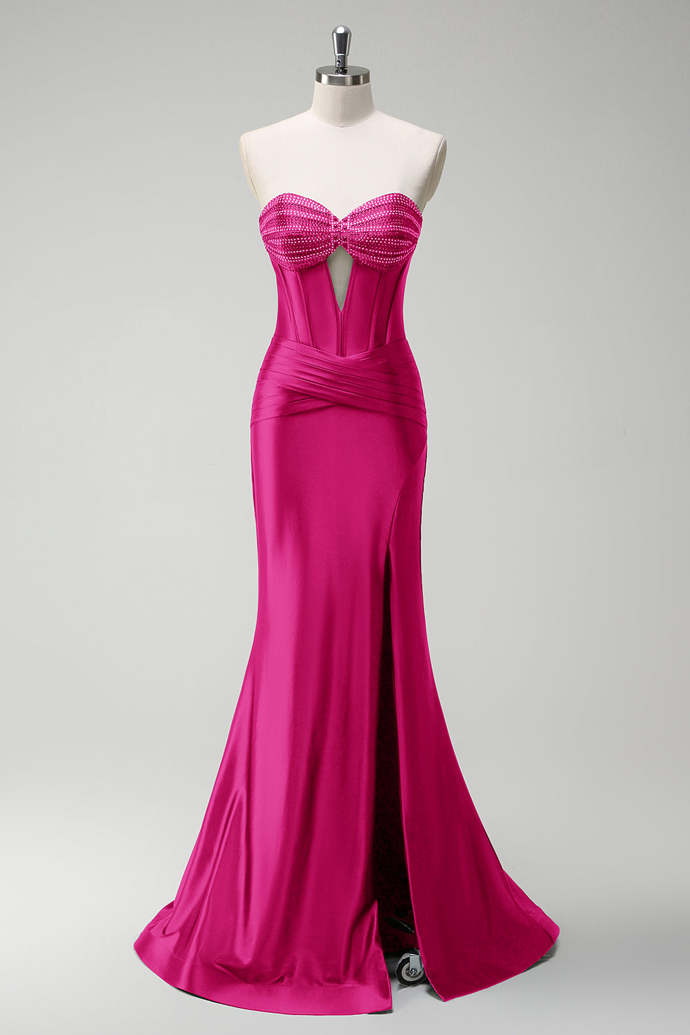 Robe de soirée longue en satin corset perlé vert foncé scintillant avec fente