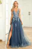 Bretelles spaghetti Une ligne gris bleu longue robe de soirée avec dos croisé