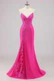 Robe De Soirée longue perlée sans bretelles sirène fuchsia avec appliques