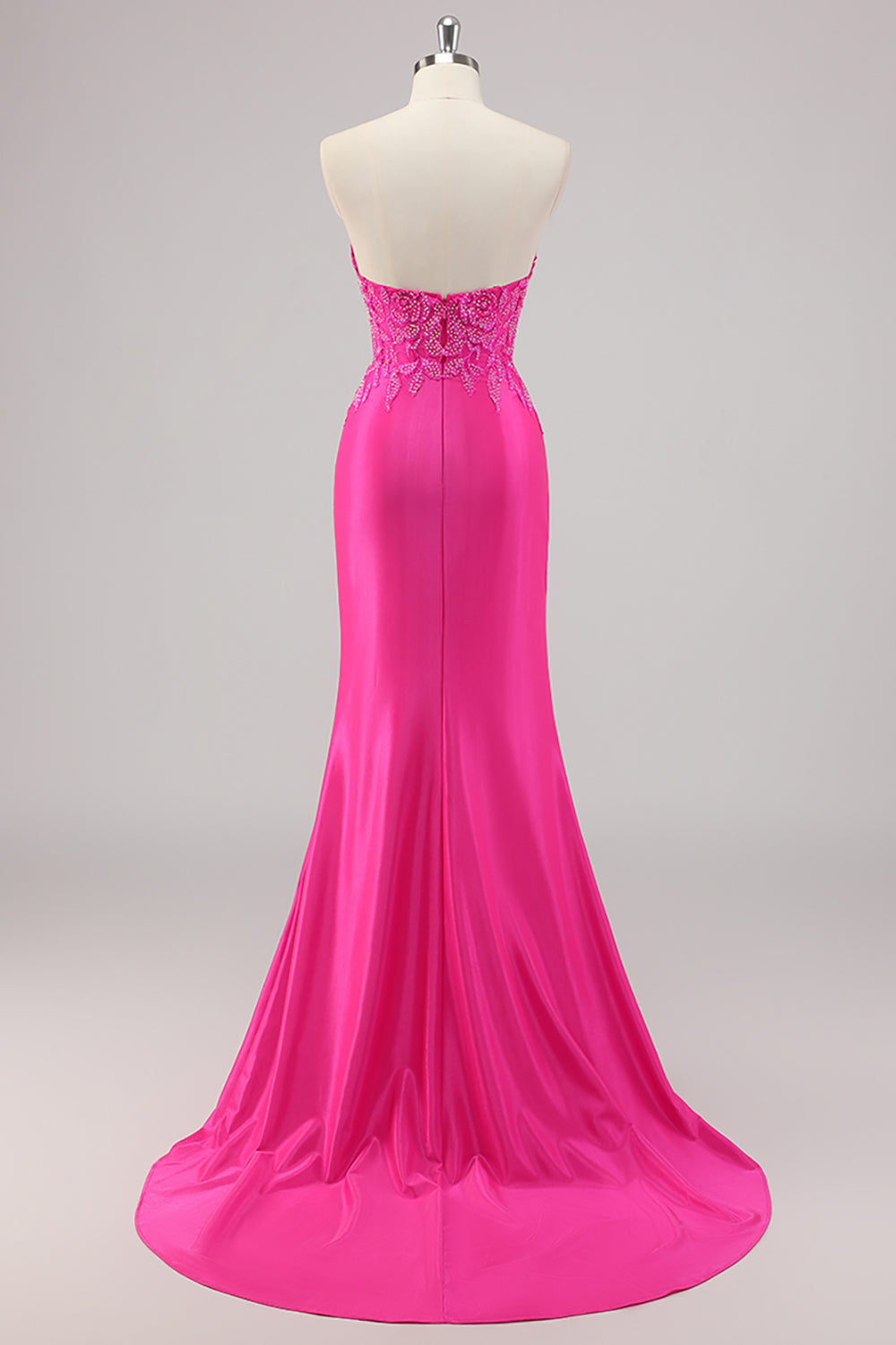 Robe De Soirée longue perlée sans bretelles sirène fuchsia avec appliques