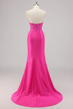 Robe De Soirée longue perlée sans bretelles sirène fuchsia avec appliques