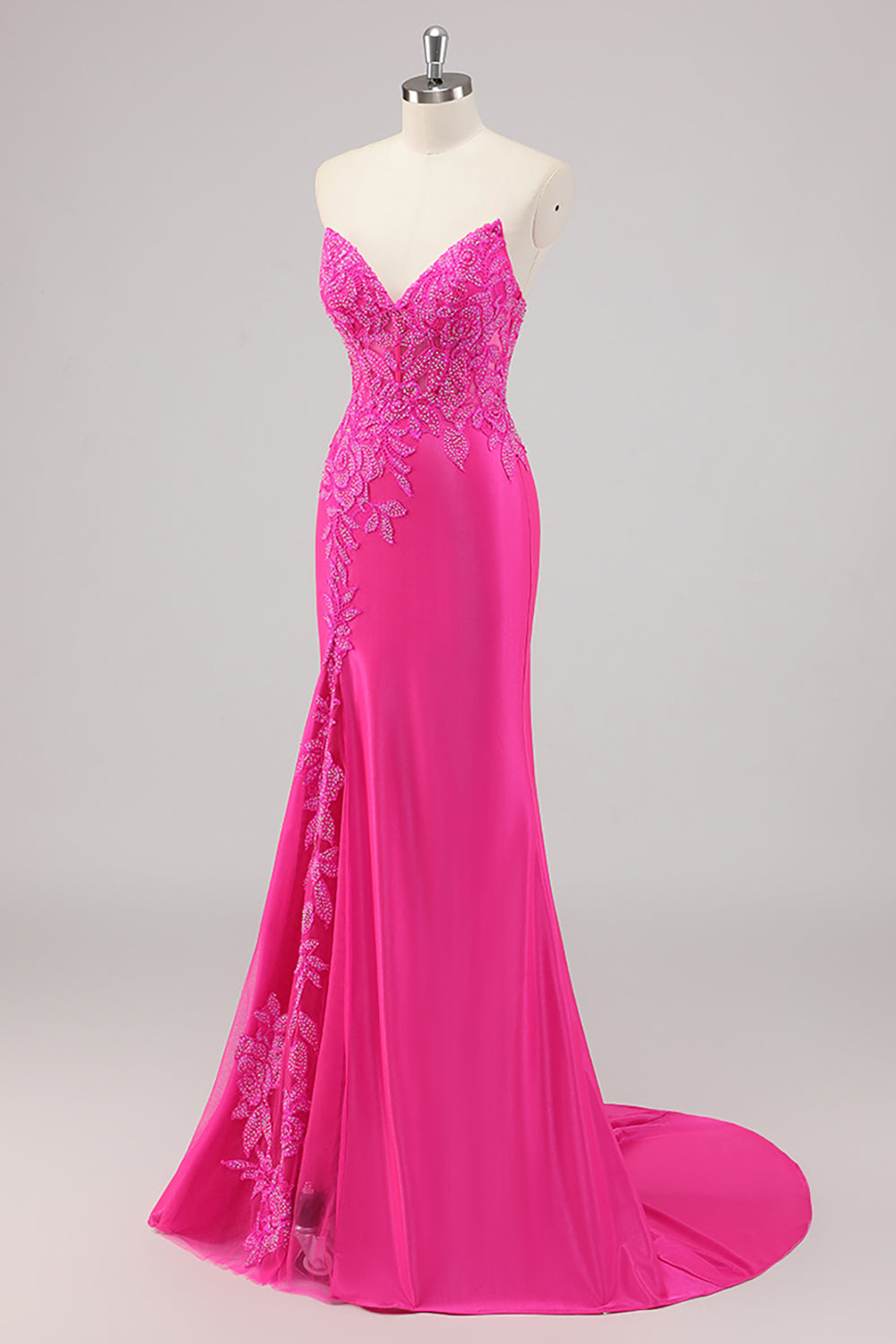 Robe De Soirée longue perlée sans bretelles sirène fuchsia avec appliques