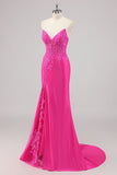 Robe De Soirée longue perlée sans bretelles sirène fuchsia avec appliques