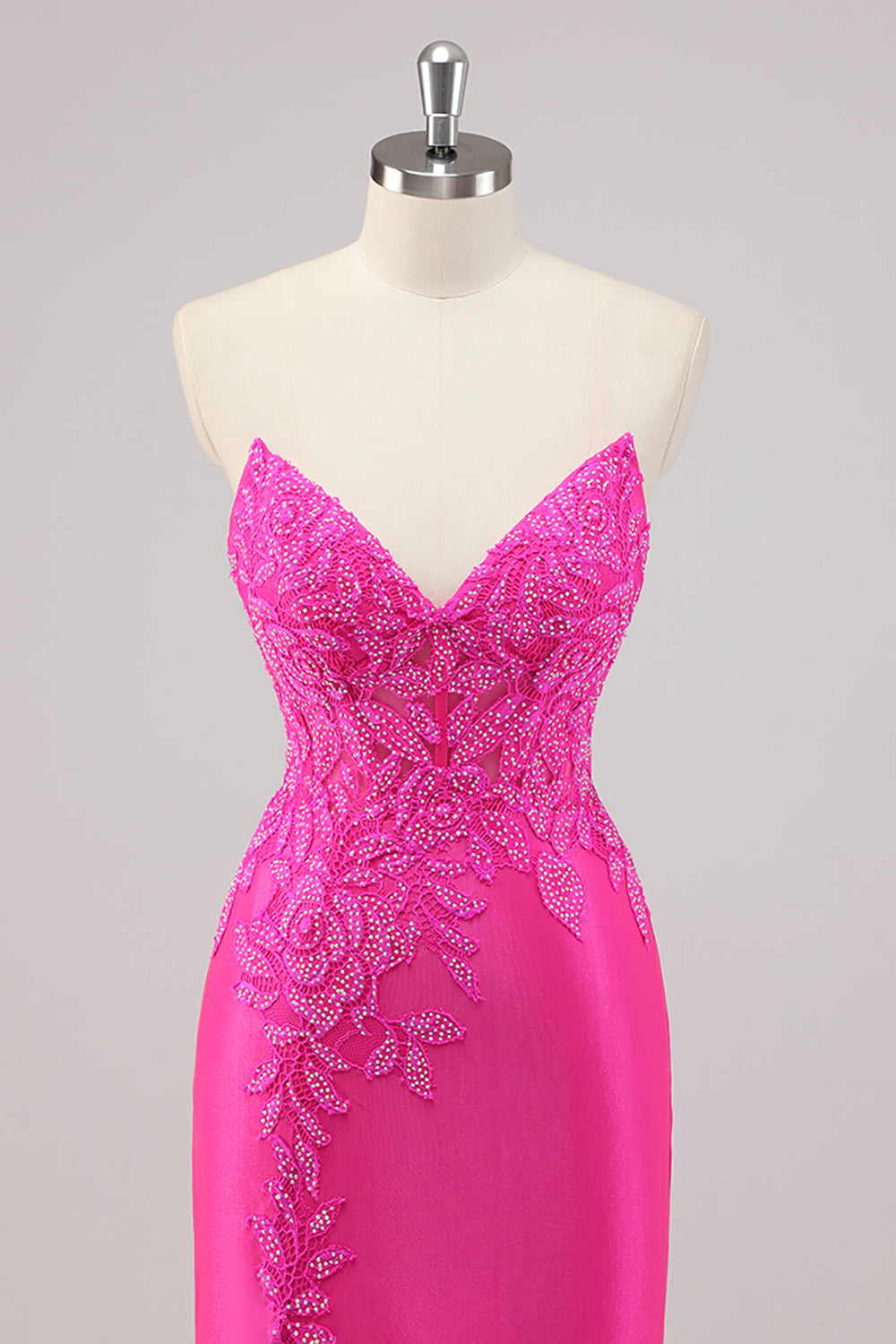 Robe De Soirée longue perlée sans bretelles sirène fuchsia avec appliques
