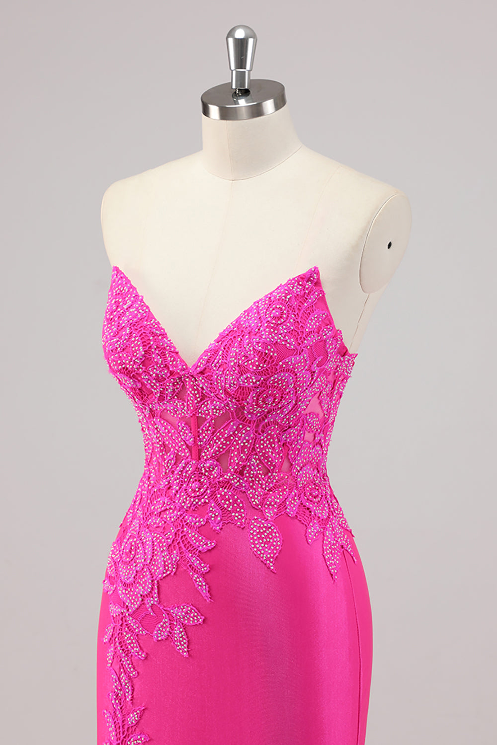 Robe De Soirée longue perlée sans bretelles sirène fuchsia avec appliques