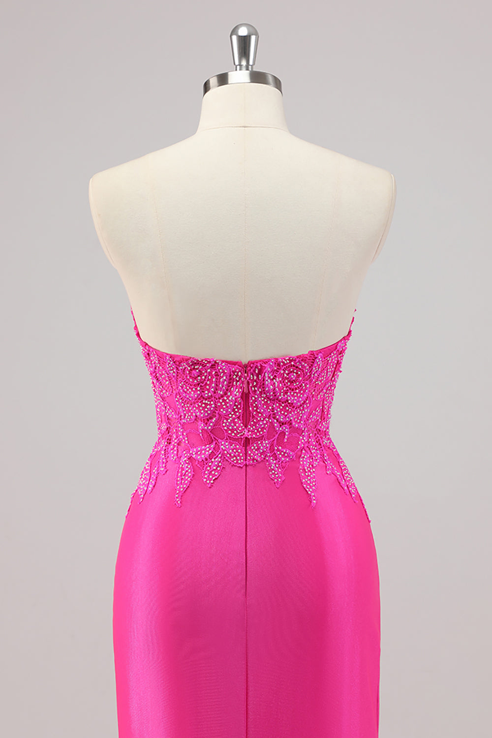 Robe De Soirée longue perlée sans bretelles sirène fuchsia avec appliques