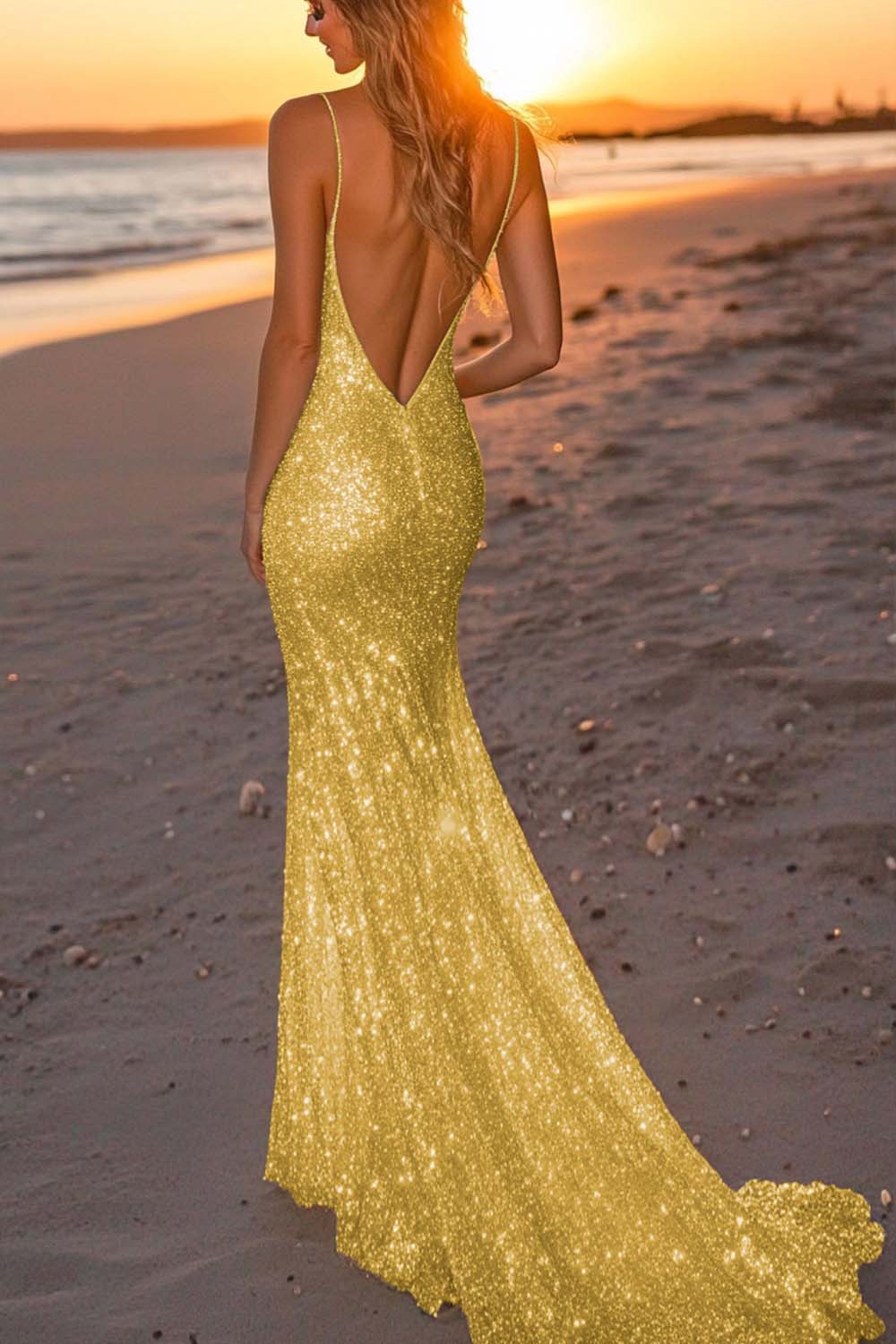 Robe longue de soirée sirène argentée scintillante dos nu