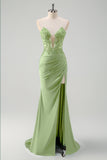 Sirène vert bustier sans bretelles découpé corset longue Robe De Soirée avec fente