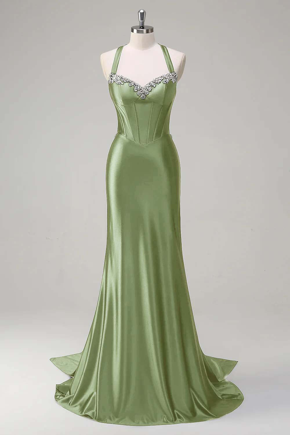Robe de soirée scintillante vert foncé sirène dos nu corset à paillettes