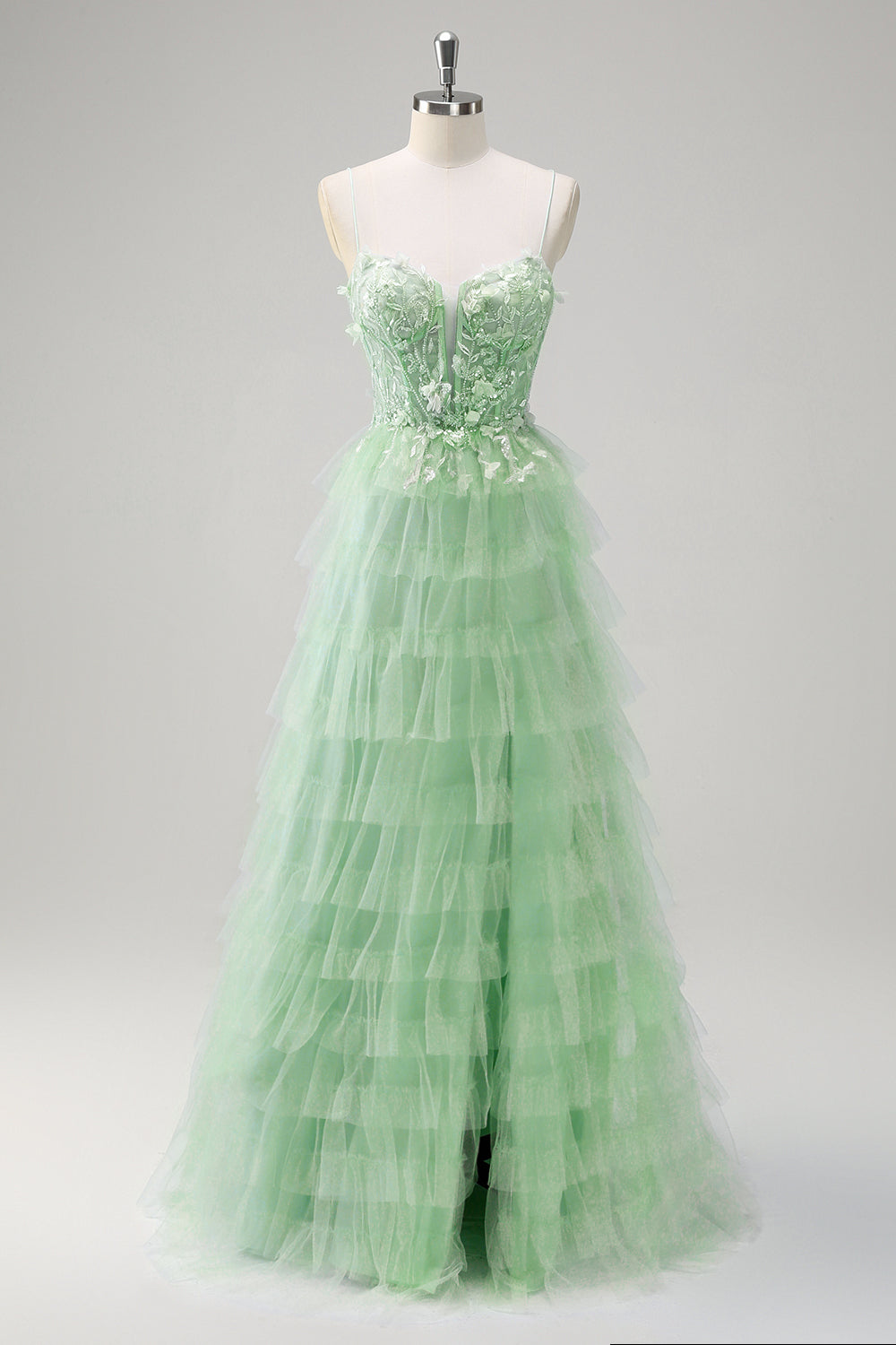 Robe de bal corset longue corset en tulle bleu clair A-traple à plusieurs niveaux avec fente