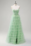 Robe de bal corset longue corset en tulle bleu clair A-traple à plusieurs niveaux avec fente