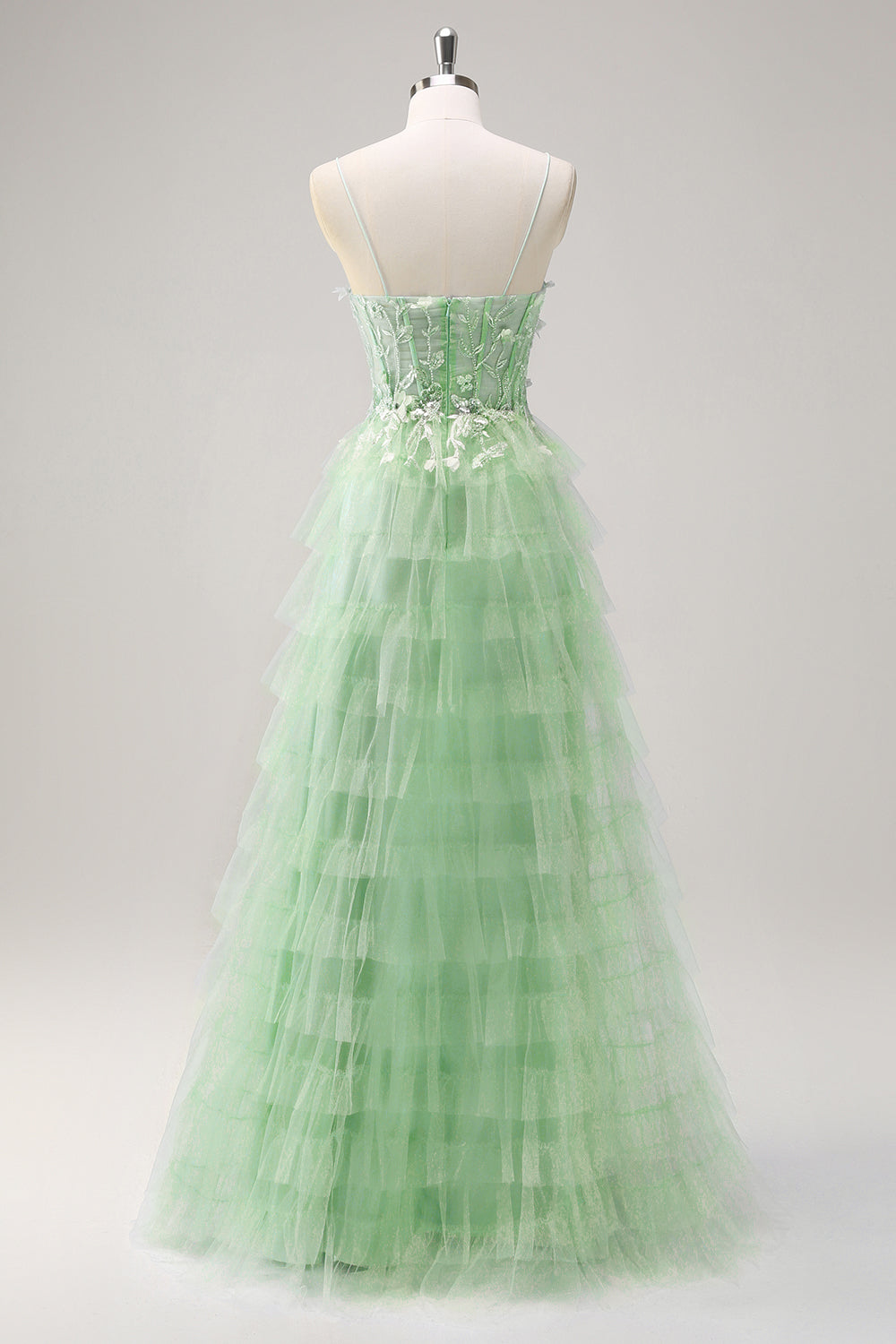 Robe de bal corset longue corset en tulle bleu clair A-traple à plusieurs niveaux avec fente